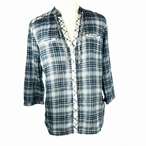 ZARA Woman plaid button down shirt vneck 2 front pockets 3/4 length sleeves SZ S